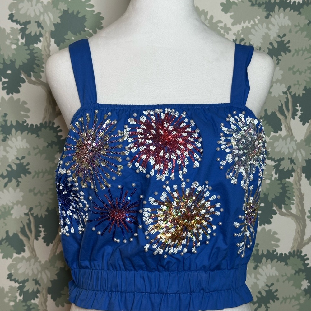 QUEEN OF SPARKLES Blue Embellished Crop Tank Top